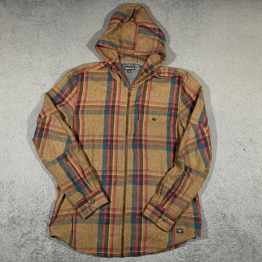 Toad & Co Brown Plaid Full-Zip Hooded Flannel Shirt Men's Large #3851